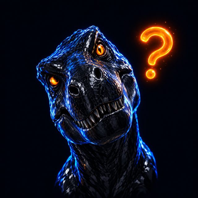 A curious T-rex beside a glowing question mark