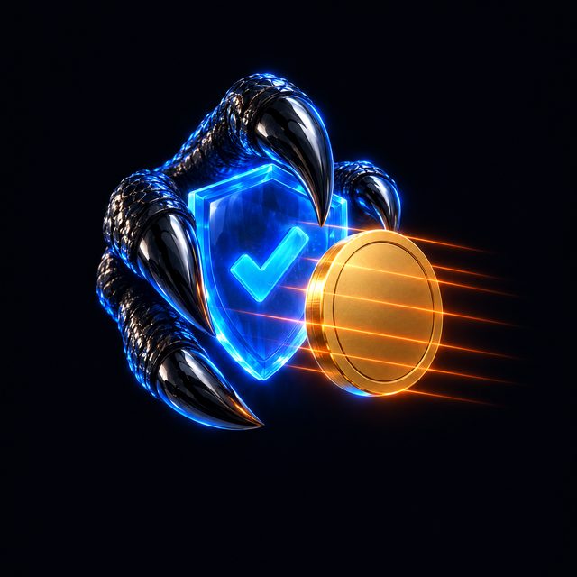 A claw holding a shield while a coin is scanned