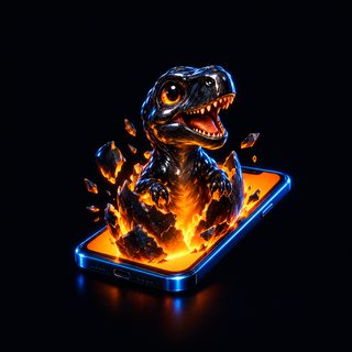 A small T-rex hatching from a phone