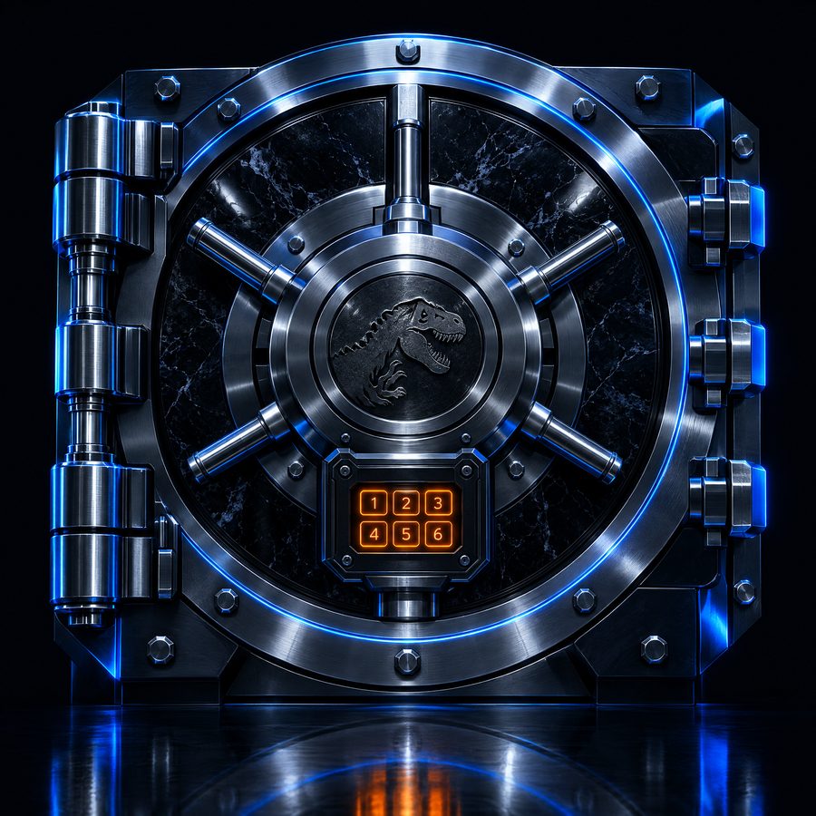 A vault door with a glowing keypad